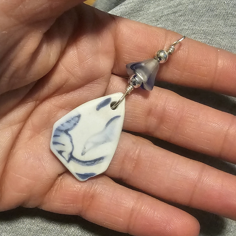 Blue and White Ceramic Pendant Earring